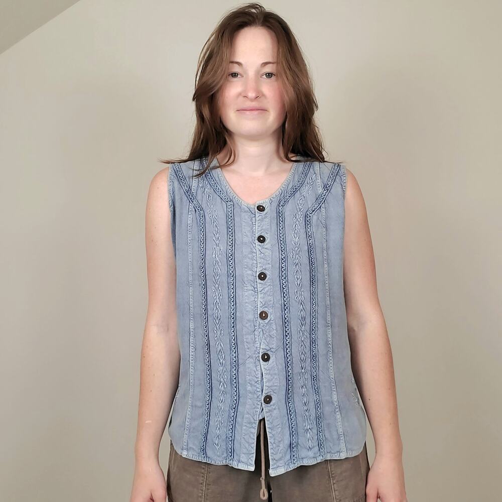 Vintage 90s Chambray Embroidered Button Up Tank Blue XL
